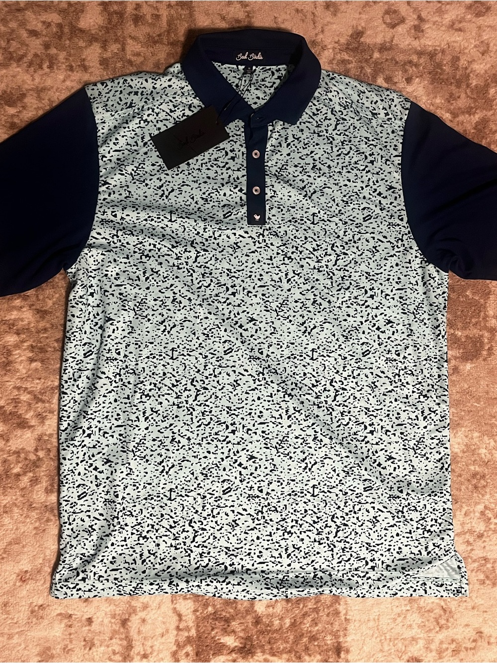 Bad Birdie Men's Printed Light Blue Polo with Navy Contrast